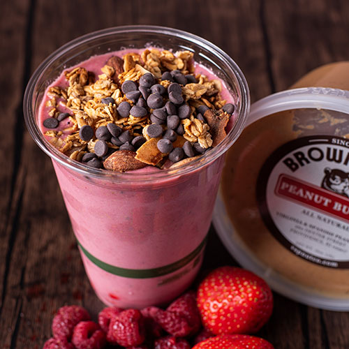 pink smoothie with toppings